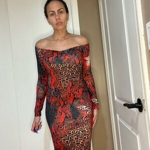 SHEIN Red and Black Animal Print Off-Shoulder Dress